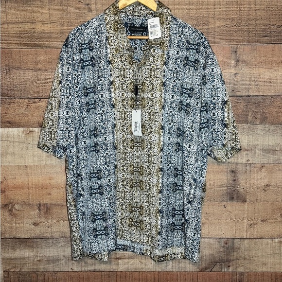 Jhane Barnes Shirt size XXL Silk Cotton Blend Blue Tan Casual Vacation Tribal - Picture 1 of 12
